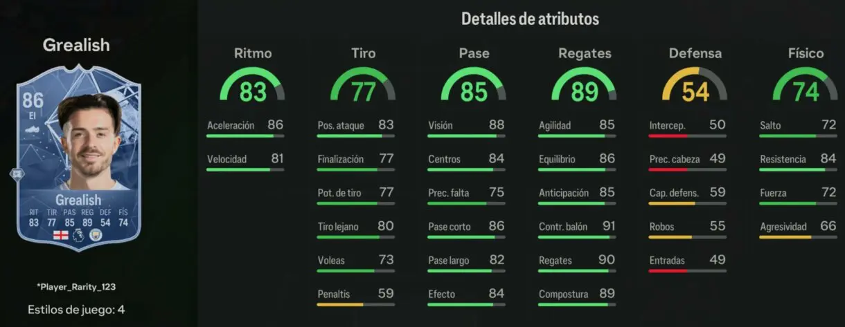 Stats in game Grealish Embajadores UEFA EA Sports FC 24 Ultimate Team