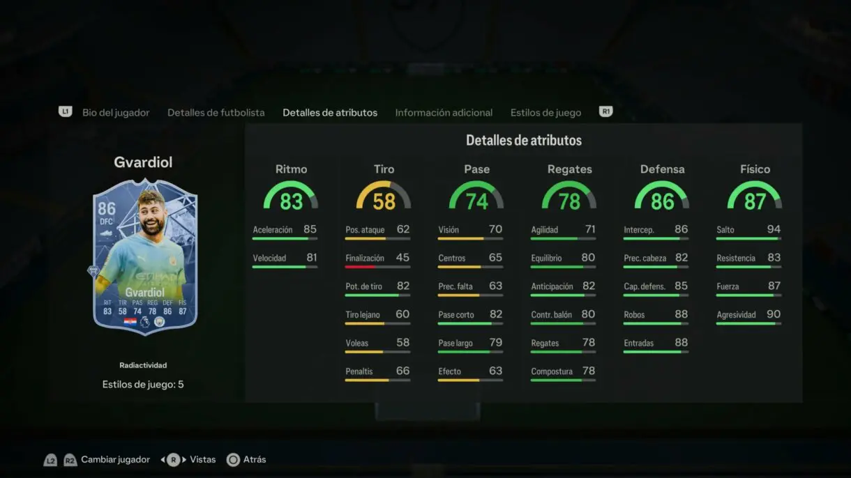 Stats in game Gvardiol Radioactividad EA Sports FC 24 Ultimate Team