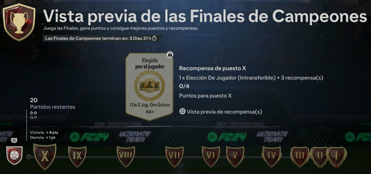 Vista previa de las Finales de Campeones mostrando la cuenta atrás para su final desde el menú EA Sports FC 24 Ultimate Team