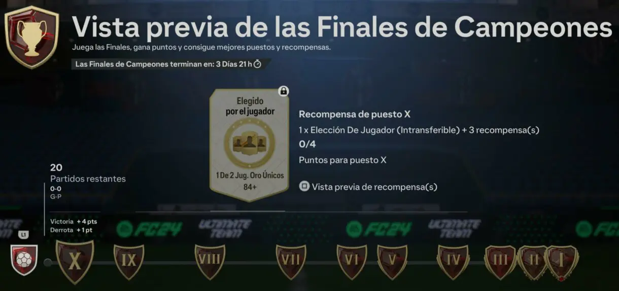 Vista previa de las Finales de Campeones mostrando la cuenta atrás para su final desde el menú EA Sports FC 24 Ultimate Team