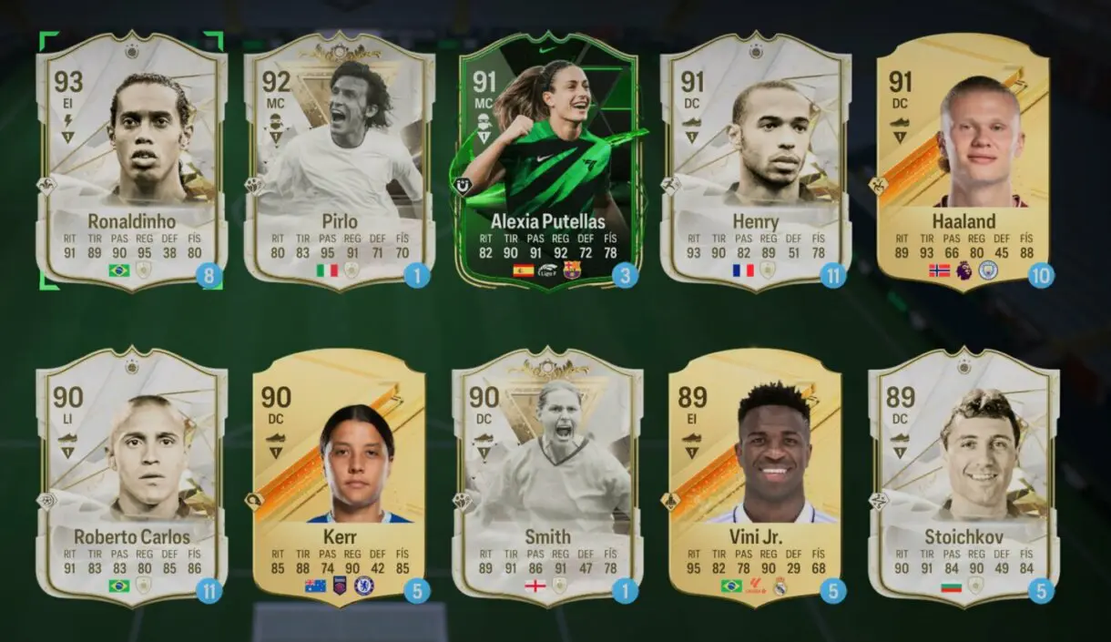 Cartas cedidas Ronaldinho, Pirlo, Henry, Roberto Carlos y Stoichkov Iconos básicos, Smith Icono de Centuriones, Putellas Mad Ready y oros Kerr, Vinícius y Haaland EA Sports FC 24 Ultimate Team