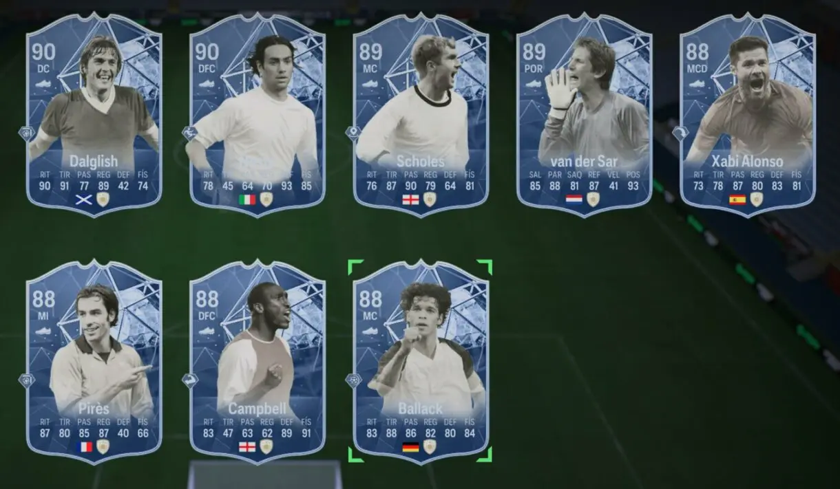 Cartas Iconos Deslumbrantes de Dalglish, Nesta, Scholes, van der Sar, Xabi Alonso, Pirés, Campbell y Ballack (las de menor media) EA Sports FC 24 Ultimate Team