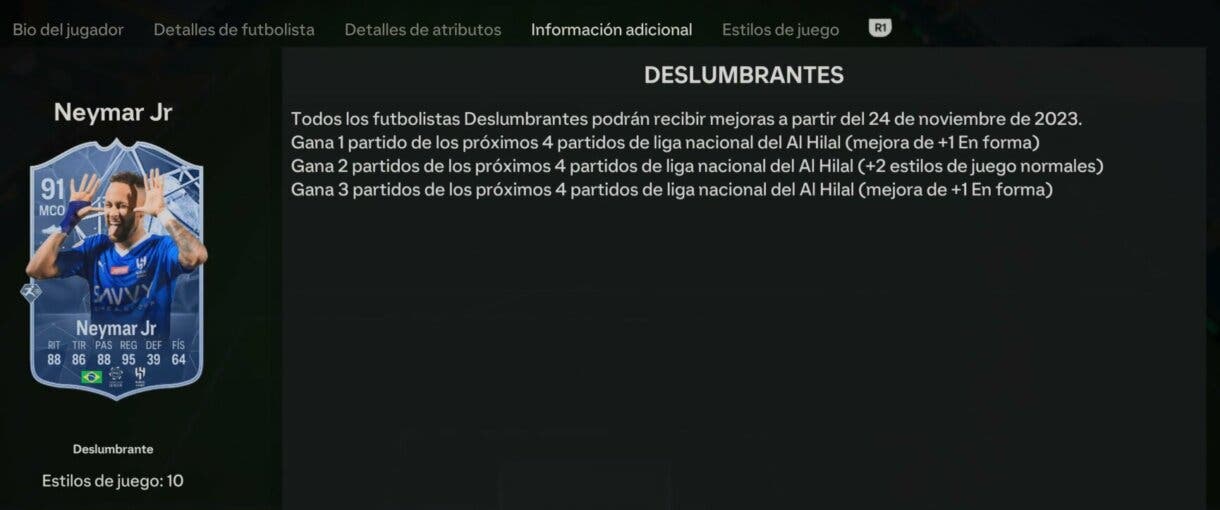 Información adicional Neymar Deslumbrantes (explicando el sistema de mejora) EA Sports FC 24 Ultimate Team