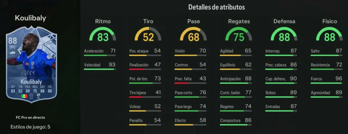 Stats in game Koulibaly FC PRO LIVE 88 EA Sports FC 24 Ultimate Team