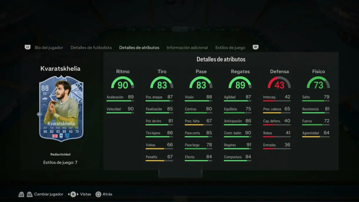 Stats in game Kvaratskhelia Radioactividad EA Sports FC 24 Ultimate Team