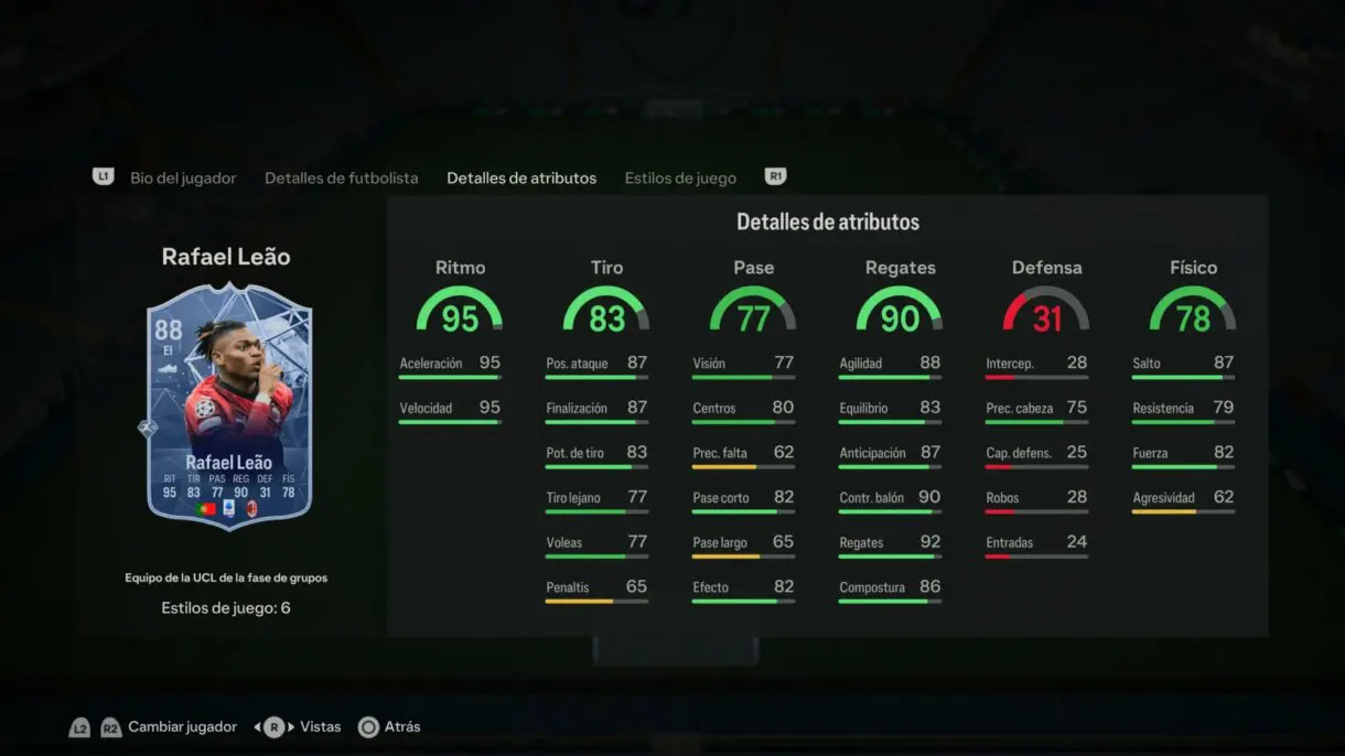 Stats in game Rafael Leao TOTGS EA Sports FC 24 Ultimate Team