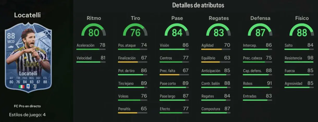 Stats in game Locatelli FC PRO LIVE 88 EA Sports FC 24 Ultimate Team