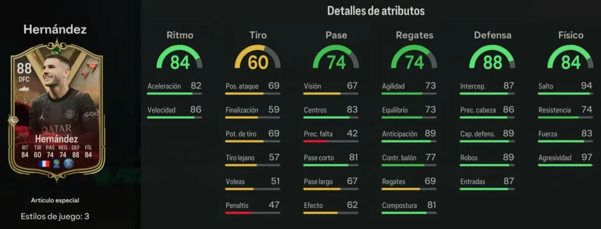 Stats in game Lucas Hernández Ultimate Dynasties EA Sports FC 24 Ultimate Team