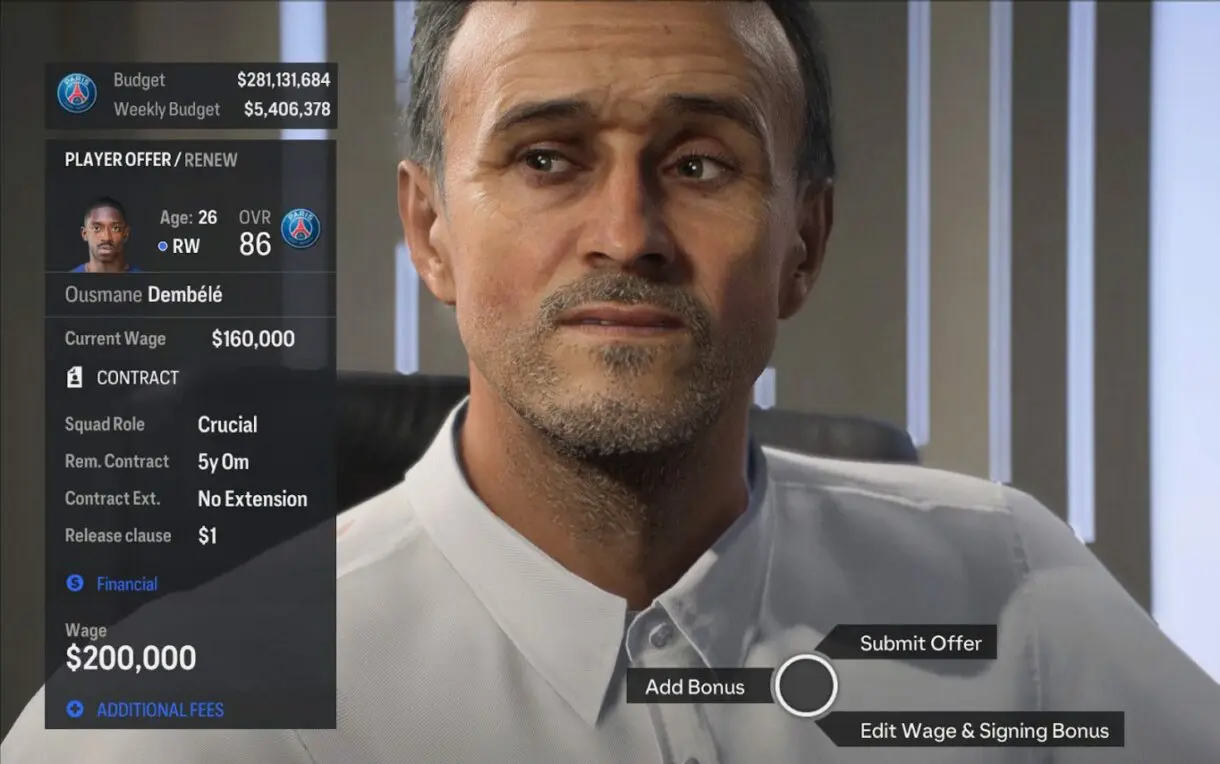 Rostro de Luis Enrique mientras negocia por Dembélé en el Modo Carrera Mánager EA Sports FC 24