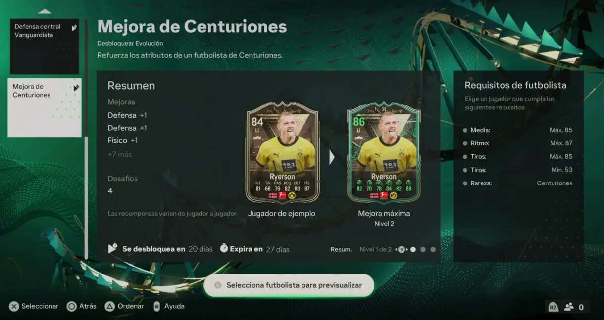 Menú Evoluciones EA Sports FC 24 mostrando la información sobre Mejora de Centuriones cuando estaba disponible (es una imagen antigua)