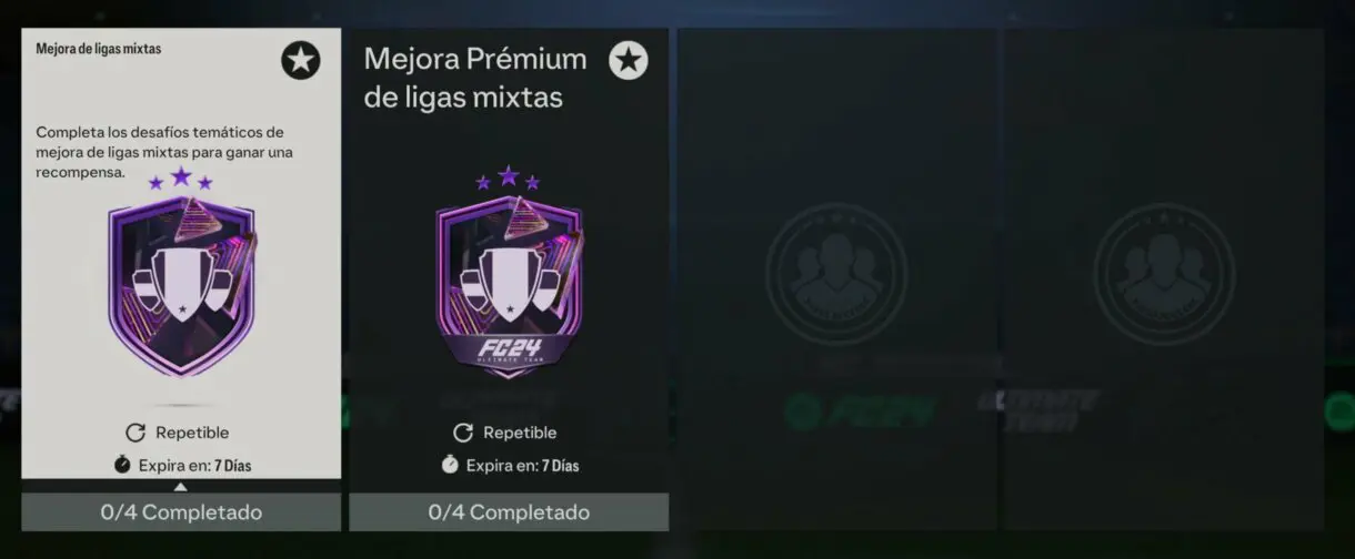 Apartado SBC favoritos mostrando la Mejora de ligas mixtas y la Mejora Prémium de ligas mixtas EA Sports FC 24 Ultimate Team