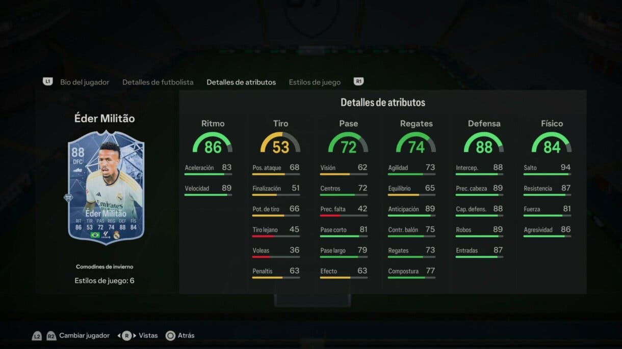 Stats in game Militao Winter Wildcards EA Sports FC 24 Ultimate Team
