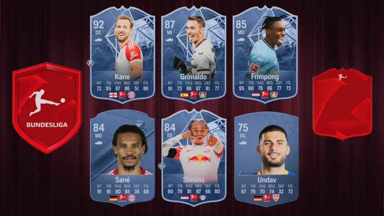 Diseño con las cartas (como conceptuales) de Kane SIF, Grimaldo SIF, Frimpong IF, Sané oro, Simons Trailblazers y Undav oro EA Sports FC 24 Ultimate Team