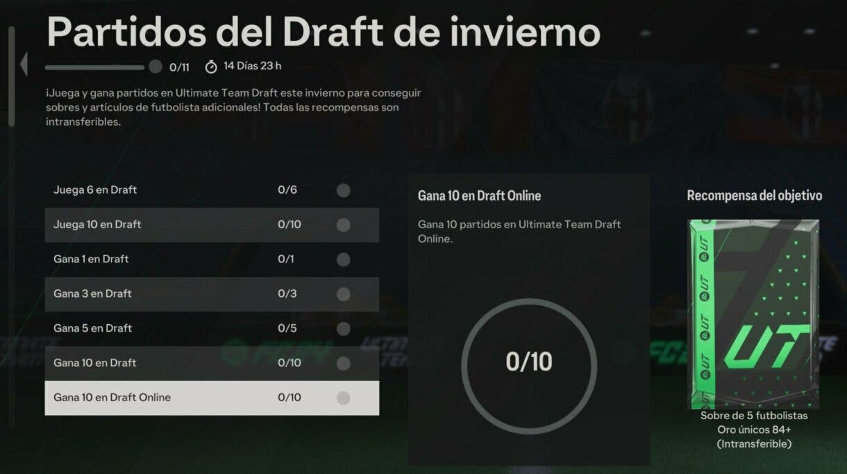 Objetivos Partidos del Draft de invierno mostrando la descripción de Gana 10 en Draft Online EA Sports FC 24 Ultimate Team