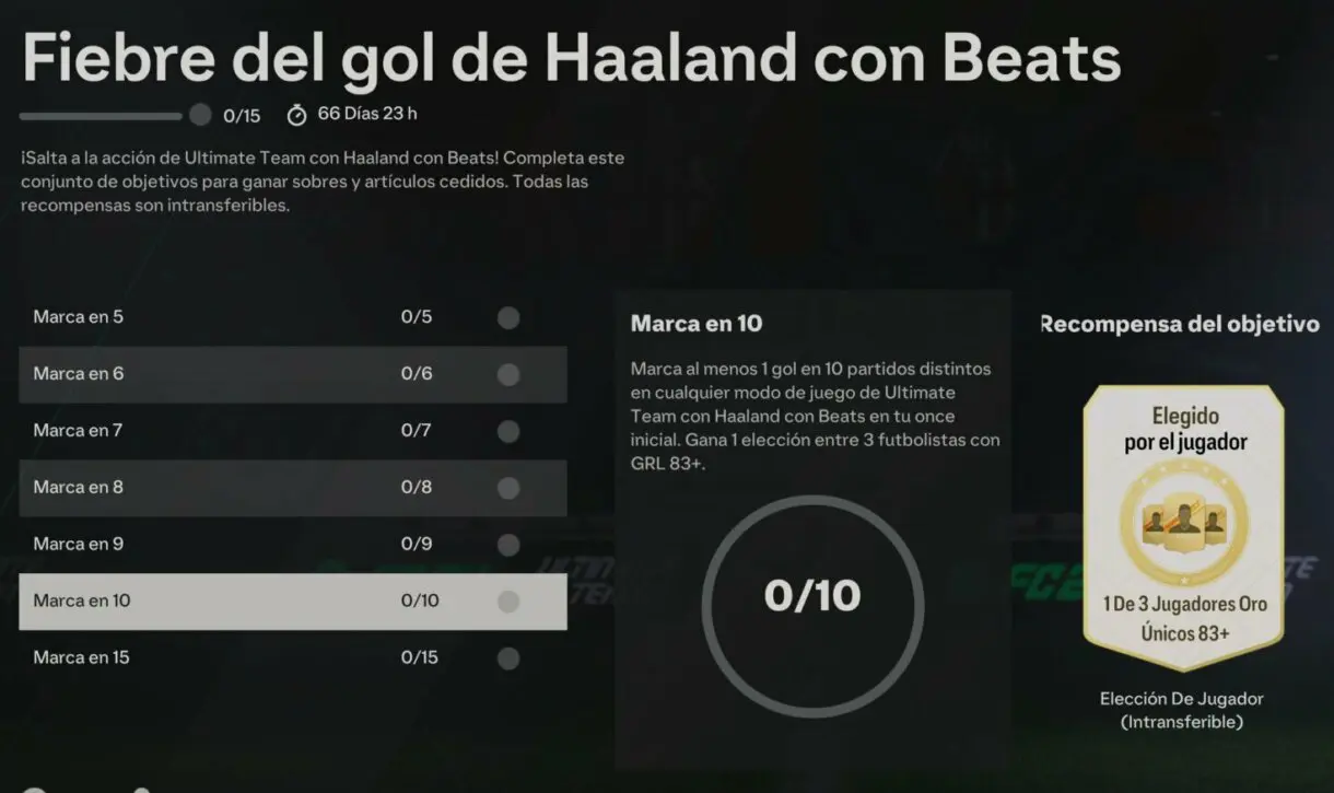 Descripción objetivo Marca en 10 del grupo de Hitos Fiebre del gol de Haaland con Beats EA Sports FC 24 Ultimate Team