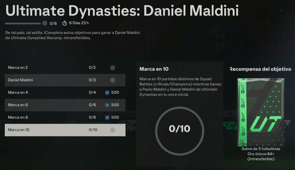 Objetivos Ultimate Dynasties: Daniel Maldini mostrando la descripción de Marca en 10 EA Sports FC 24 Ultimate Team