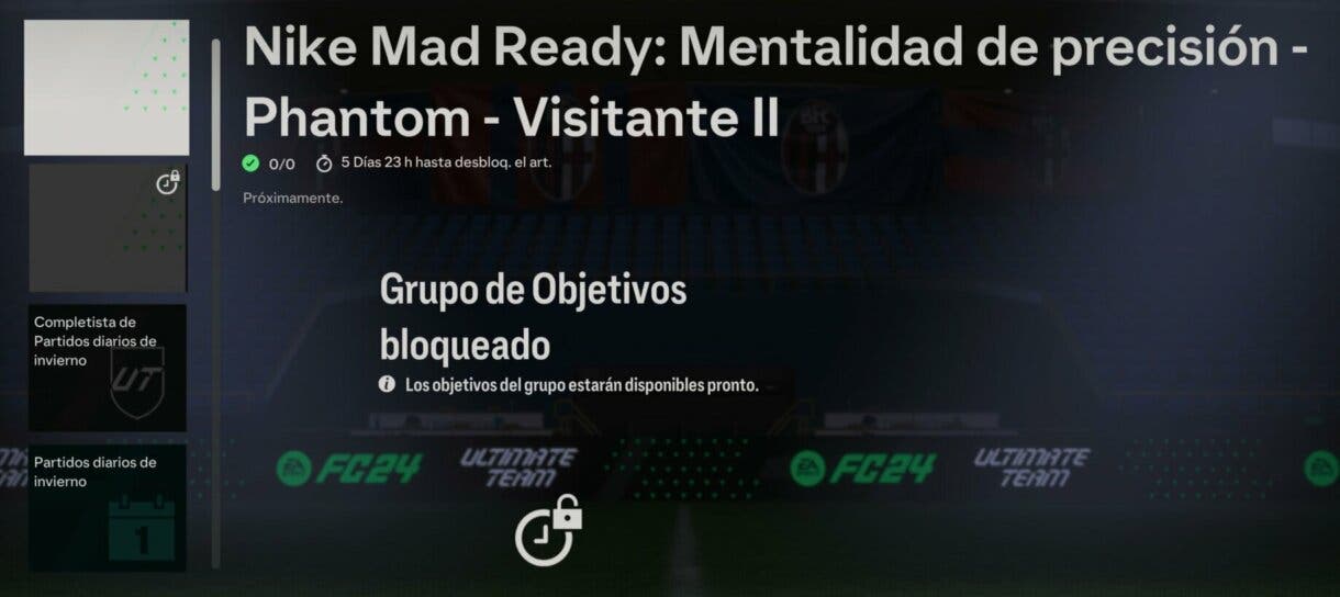 Menú objetivos mostrando el de Nike Mad Ready: Mentalidad de precisión Phantom - VisitanteII (bloqueado) EA Sports FC 24 Ultimate Team