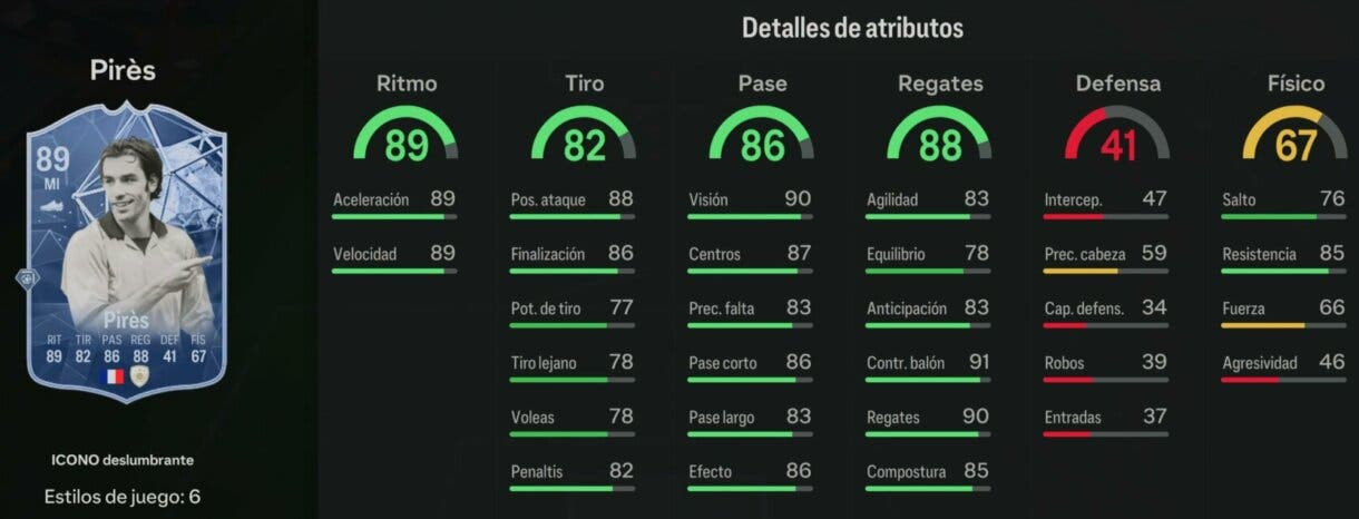 Stats in game Pirés Icono Deslumbrantes 89 EA Sports FC 24 Ultimate Team