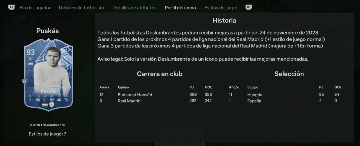 Información adicional Puskás Icono Deslumbrantes (explicando el sistema de mejora) EA Sports FC 24 Ultimate Team