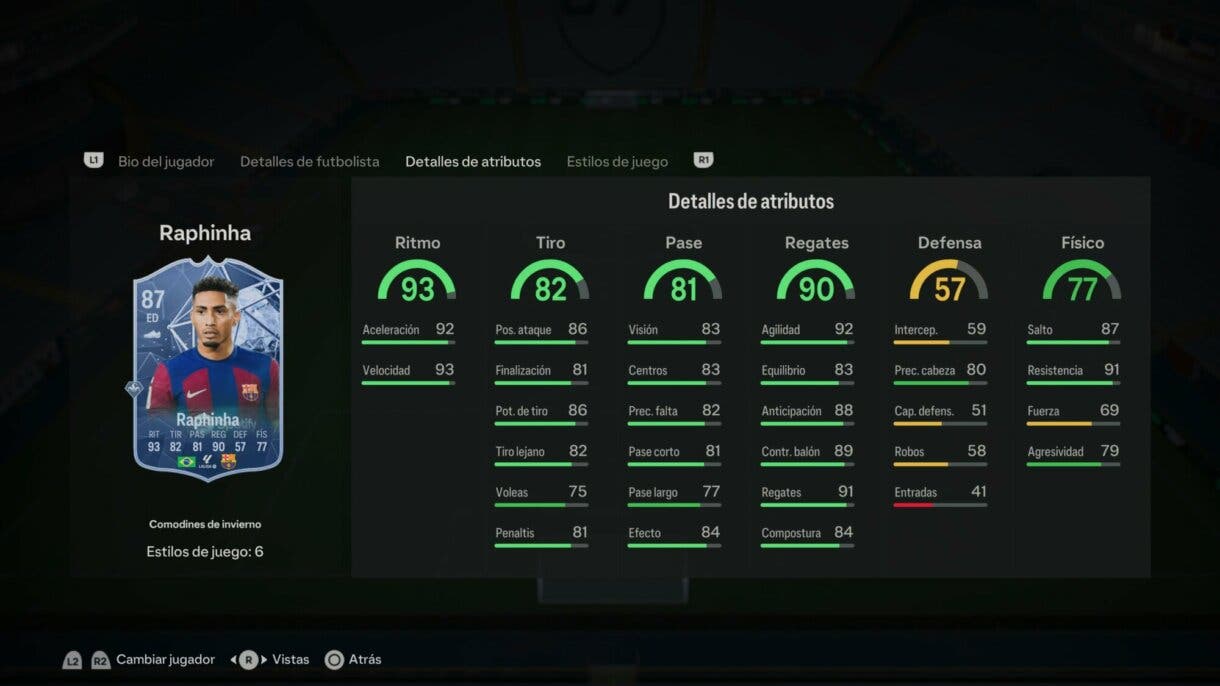 Stats in game Raphinha Winter Wildcards EA Sports FC 24 Ultimate Team