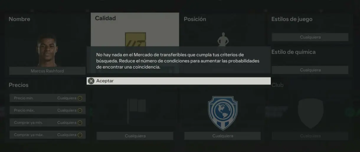 Buscador de cartas del mercado de transferibles de EA Sports FC 24 Ultimate Team buscando a Rashford con Calidad oro (pone que no hay nada que cumpla con esos criterios)