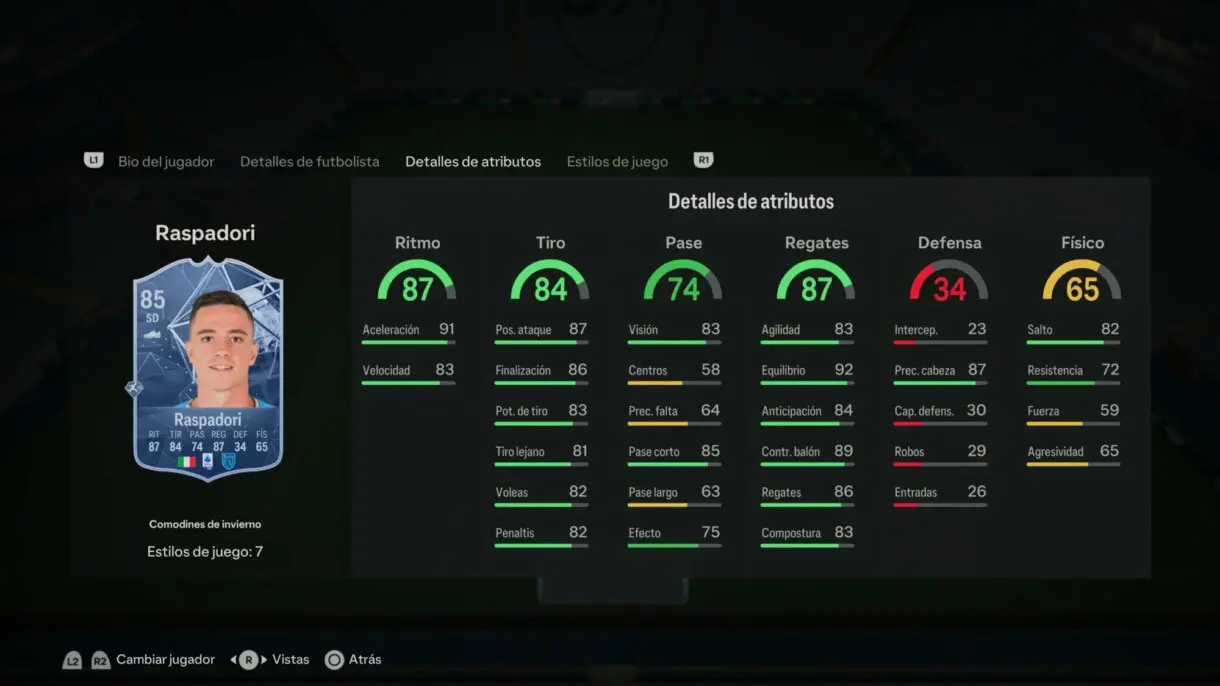 Stats in game Raspadori Winter Wildcards EA Sports FC 24 Ultimate Team