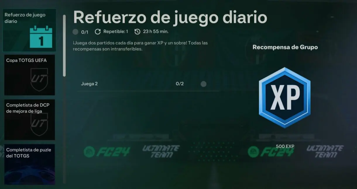Menú objetivos EA Sports FC 24 Ultimate Team mostrando la información de Refuerzo de juego diario