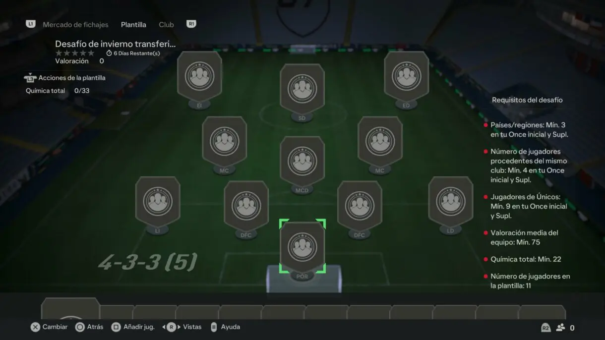 Plantilla vacía del SBC Desafío de invierno transferible diario EA Sports FC 24 Ultimate Team 