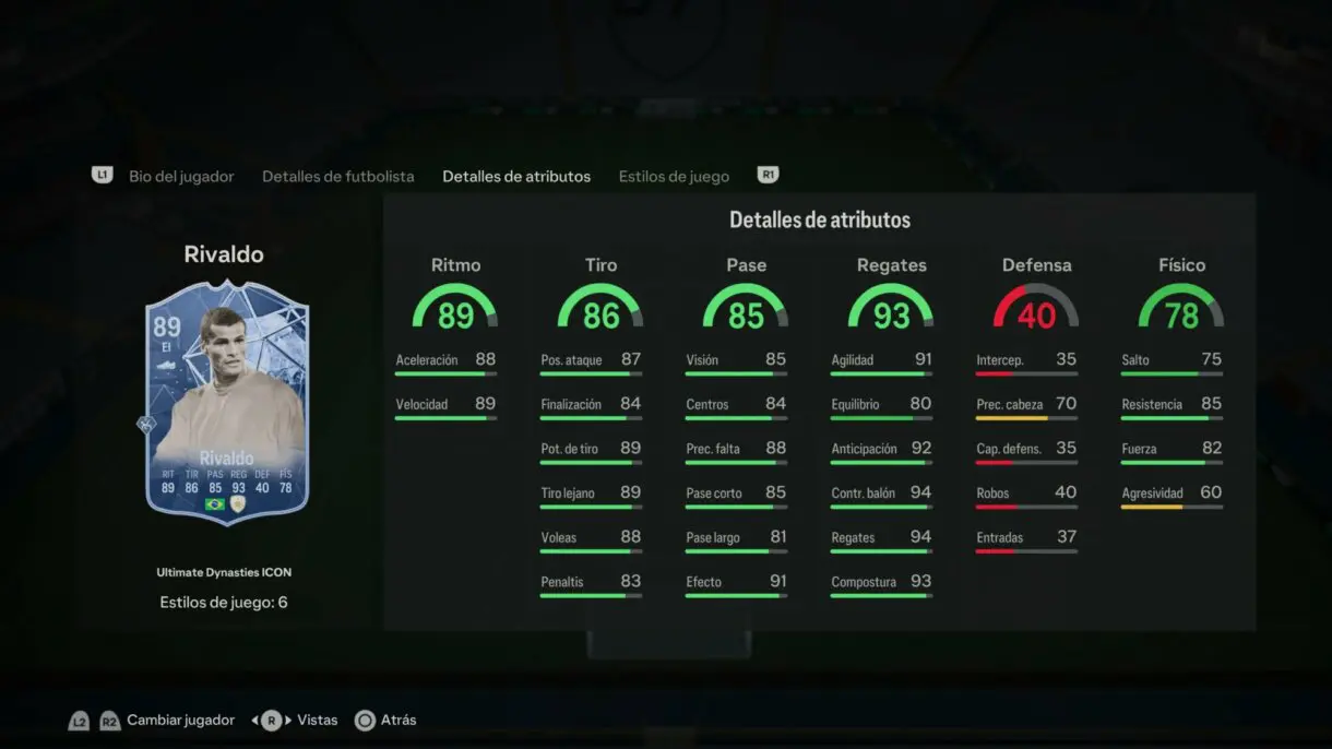 Stats in game Rivaldo Icono Ultimate Dynasties 89 EA Sports FC 24 Ultimate Team
