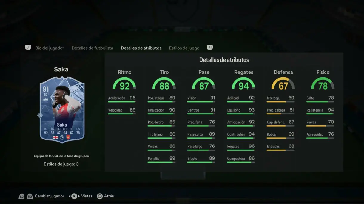 Stats in game Saka TOTGS EA Sports FC 24 Ultimate Team