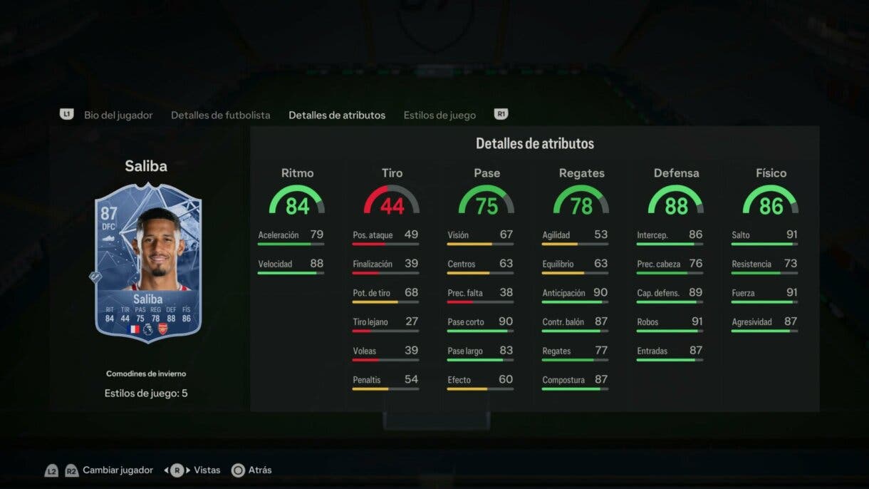 Stats in game Saliba  Winter Wildcards EA Sports FC 24 Ultimate Team