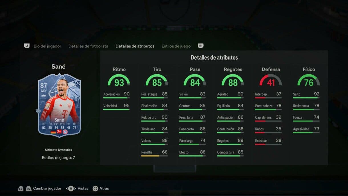 Stats in game Leroy Sané Ultimate Dynasties EA Sports FC 24 Ultimate Team