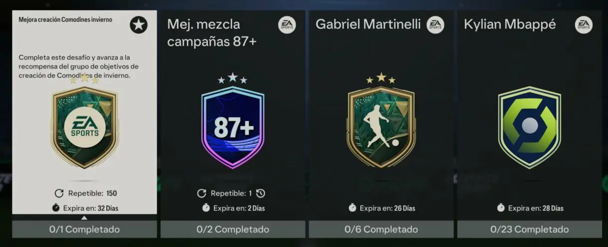 Menú general SBC mostrando la Mejora creación Comodines invierno EA Sports FC 24 Ultimate Team