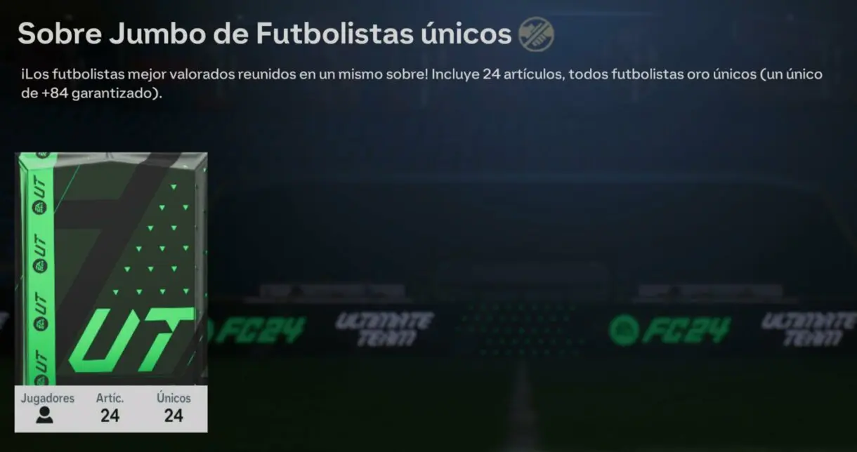 Sobre Jumbo de Futbolistas únicos desde el apartado de Mis Sobres de EA Sports FC 24 Ultimate Team (mostrando su descripción)