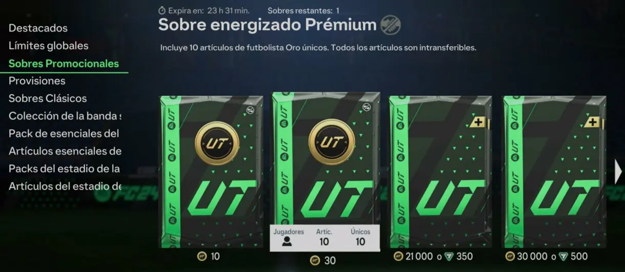 Apartado Sobres Promocionales Tienda EA Sports FC 24 Ultimate Team (mostrando los Sobres enegizados)
