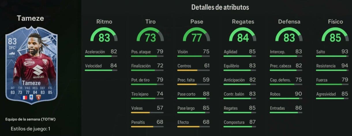 Stats in game Tameze IF EA Sports FC 24 Ultimate Team