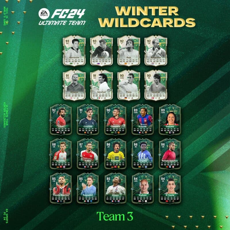 Diseño con todas las cartas del tercer equipo Winter Wildcards de EA Sports FC 24 Ultimate Team