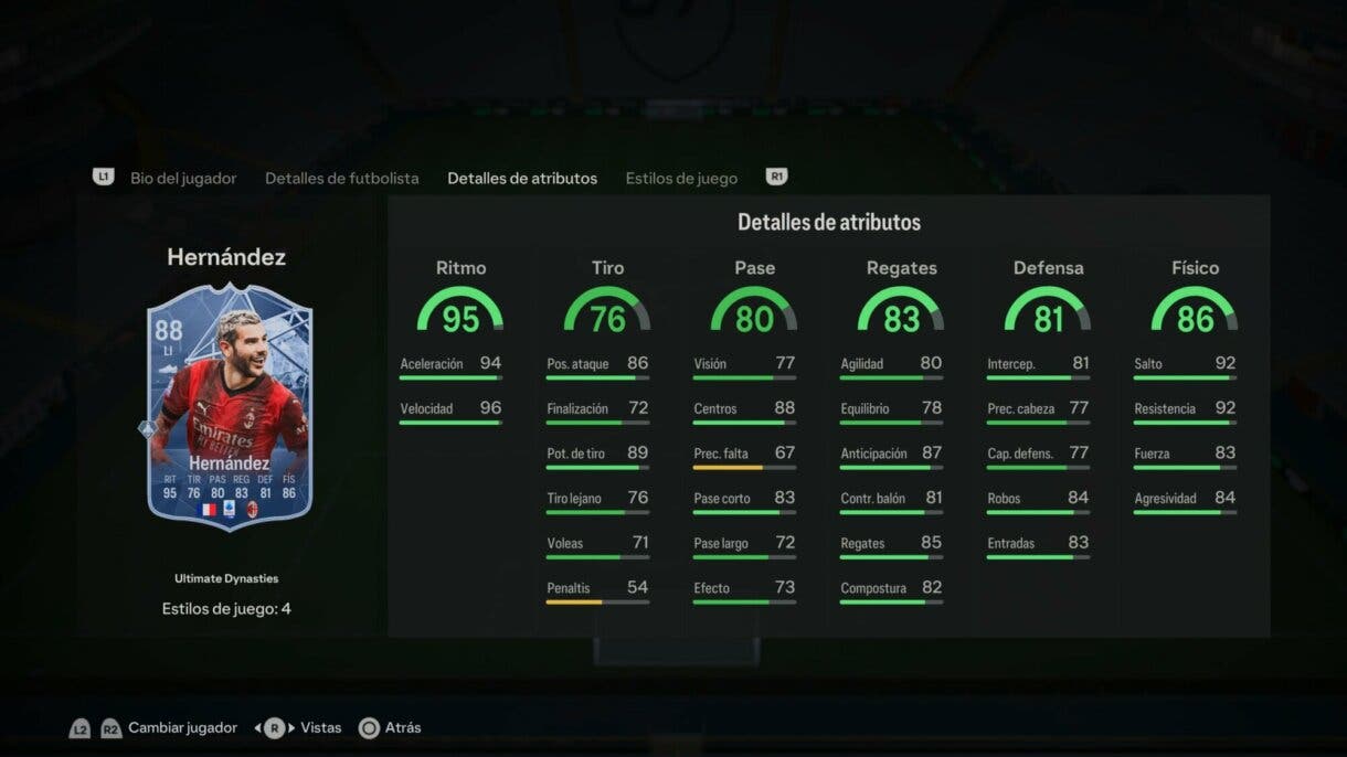 Stats in game Theo Hernández Ultimate Dynasties EA Sports FC 24 Ultimate Team