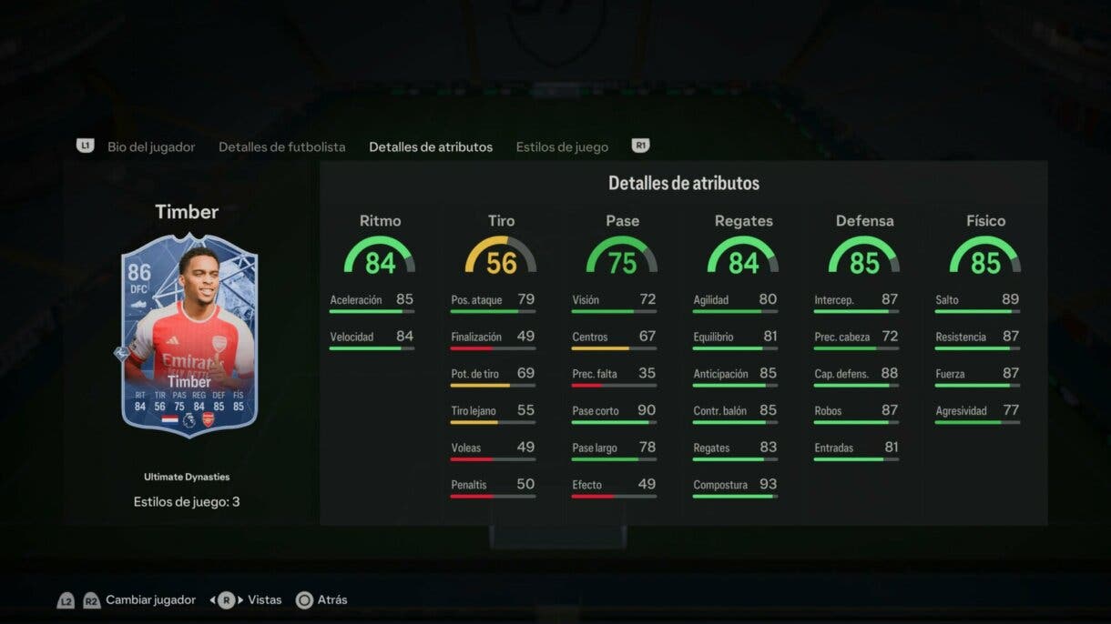 Stats in game Jurriën Timber Ultimate Dynasties EA Sports FC 24 Ultimate Team