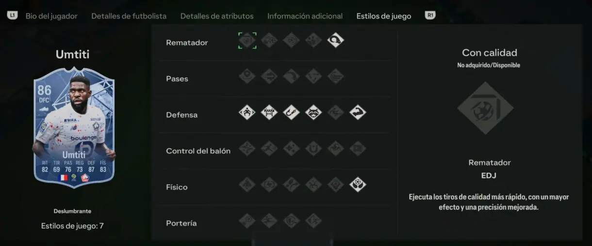 Apartado Estilo de juego de Samuel Umtiti Deslumbrantes EA Sports FC 24 Ultimate Team