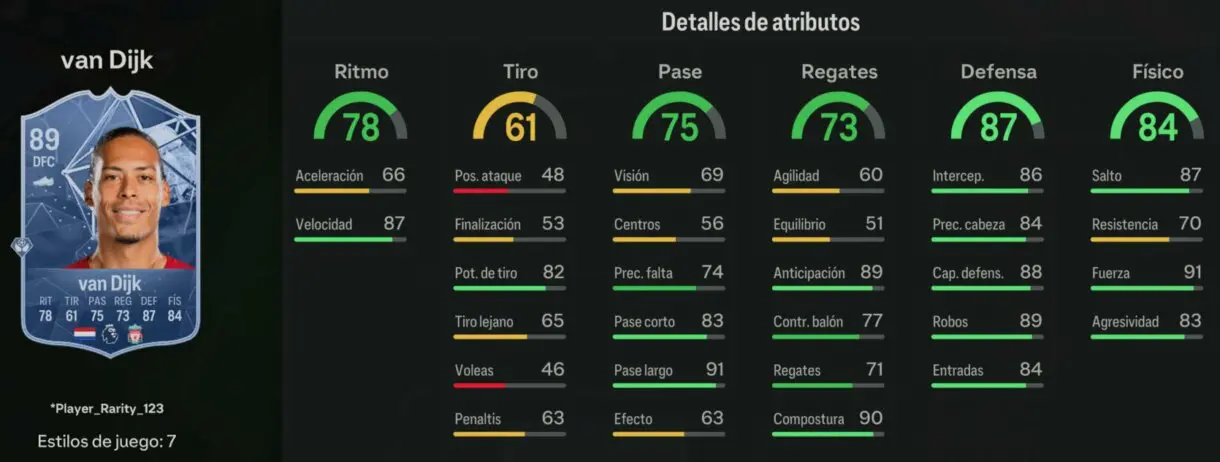 Stats in game van Dijk Embajadores UEFA EA Sports FC 24 Ultimate Team