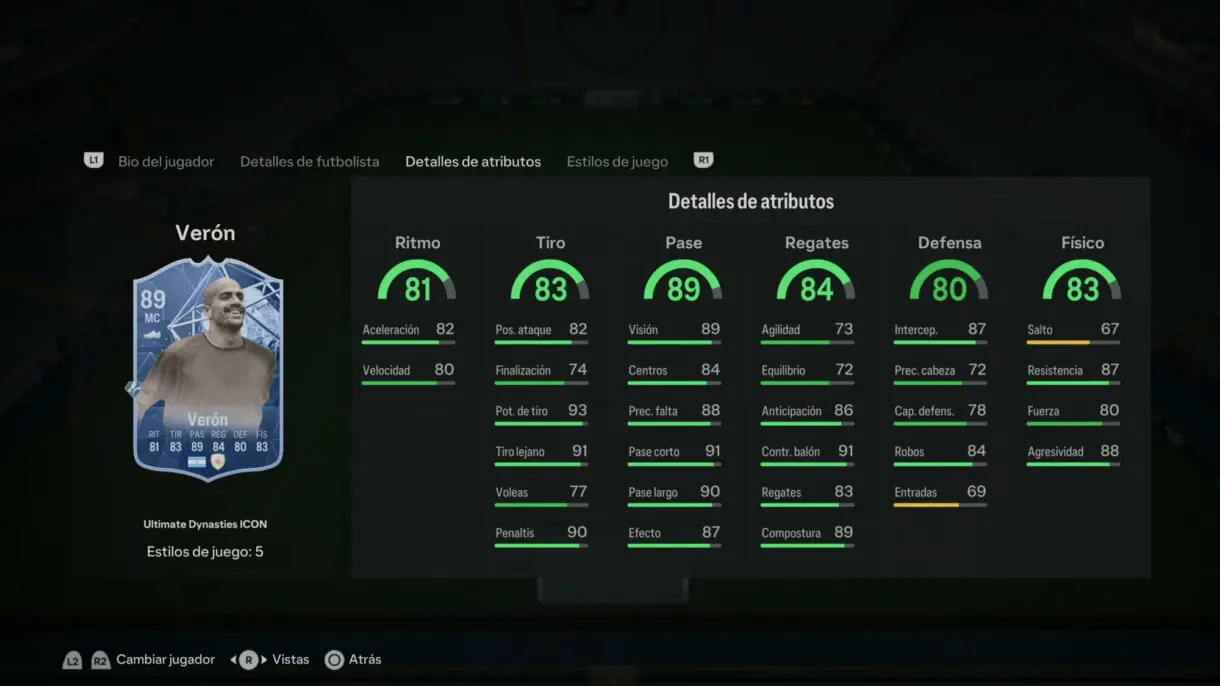 Stats in game Verón Icono Ultimate Dynasties 89 EA Sports FC 24 Ultimate Team