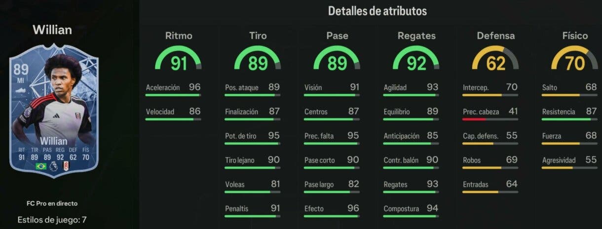 Stats in game Willian FC PRO LIVE 89 EA Sports FC 24 Ultimate Team
