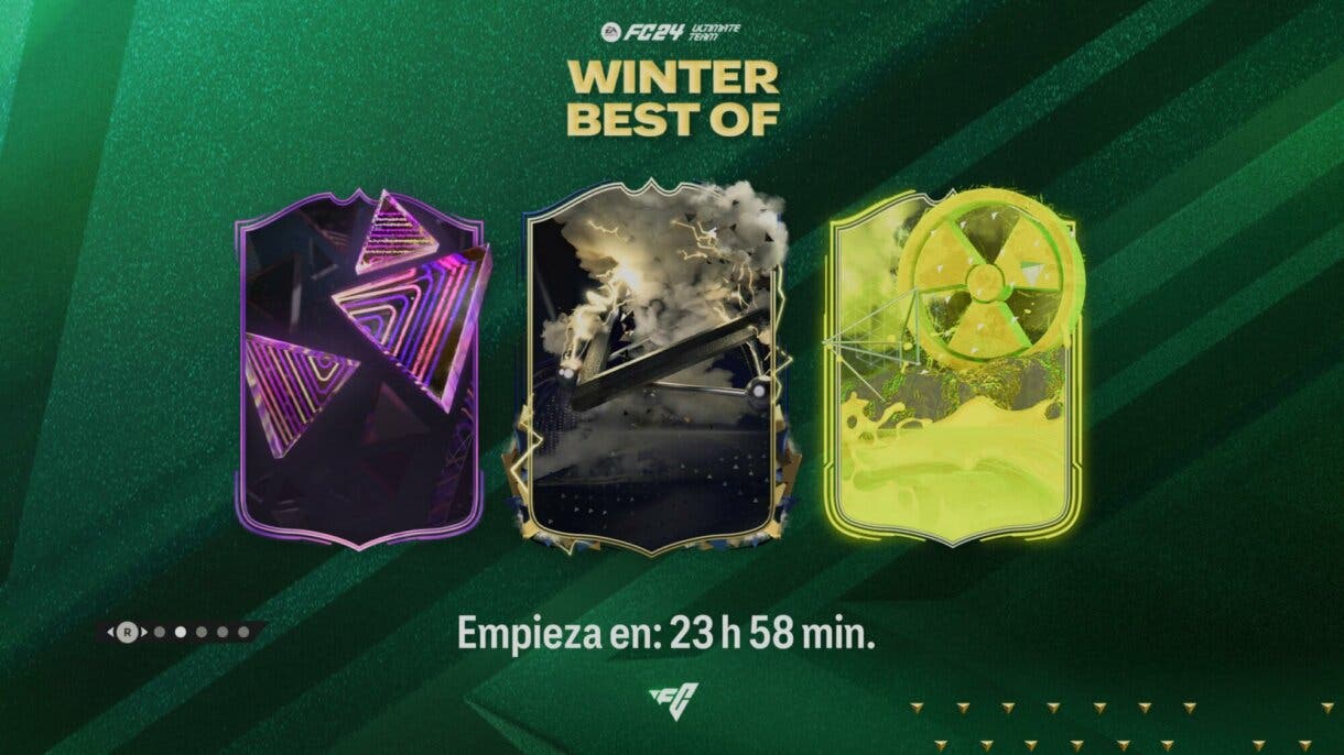 Pantalla de carga EA Sports FC 24 Ultimate Team de "Winter Best of" con los diseños de las cartas Triple amenaza, Deslumbrantes y Radiactividad