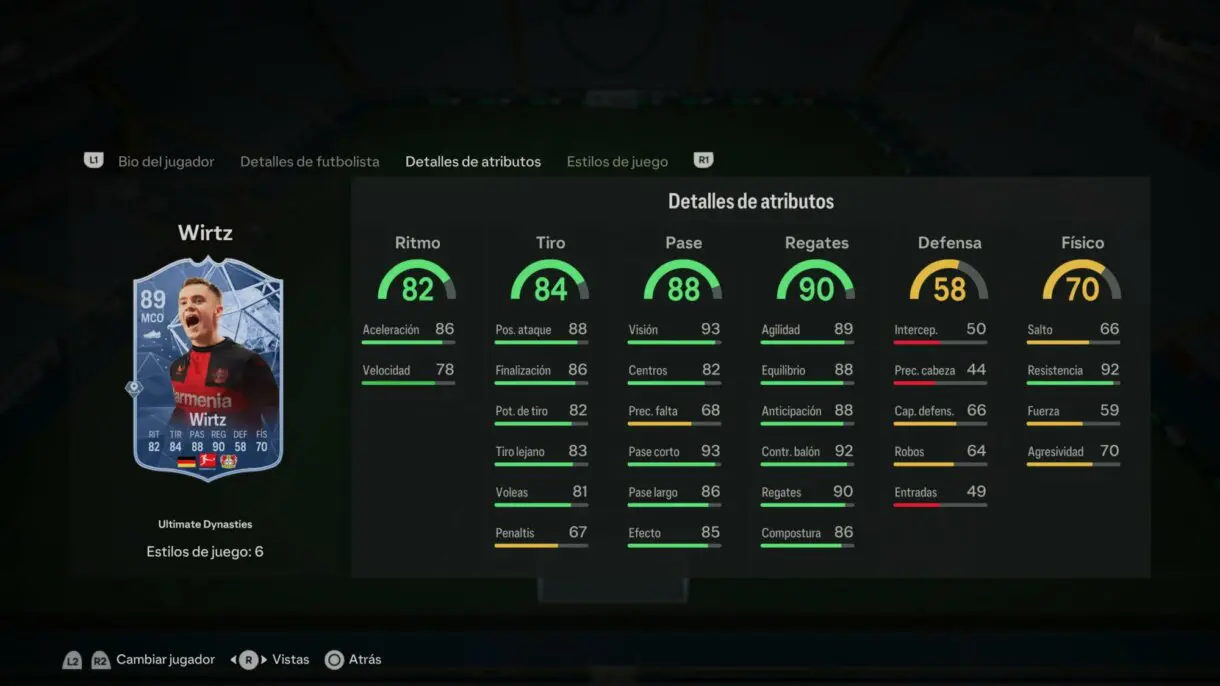Stats in game Florian Wirtz Ultimate Dynasties EA Sports FC 24 Ultimate Team