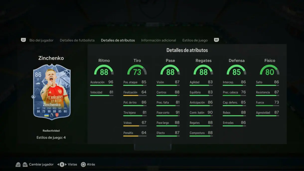 Stats in game Zinchenko Radioactividad EA Sports FC 24 Ultimate Team