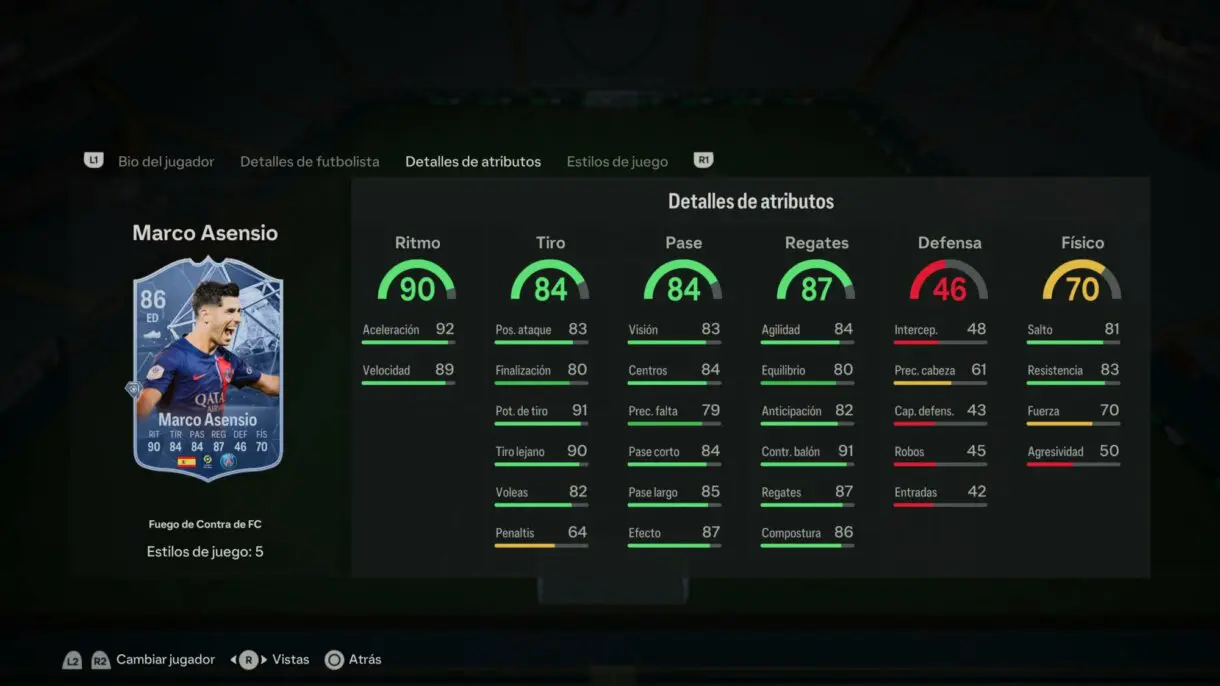 Stats in game Asensio Fuego de Contra de FC EA Sports FC 24 Ultimate Team
