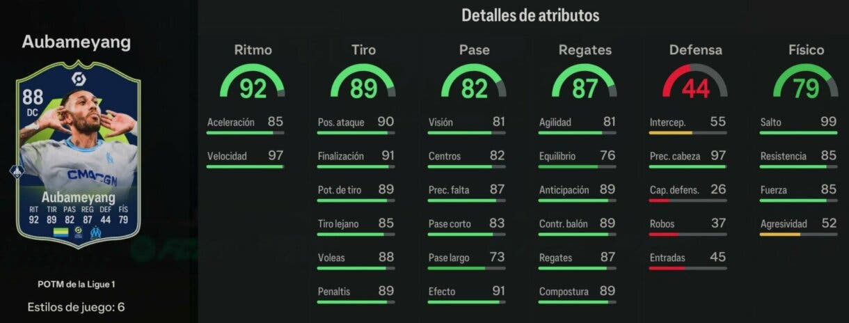 Stats in game Aubameyang POTM de la Ligue 1 EA Sports FC 24 Ultimate Team