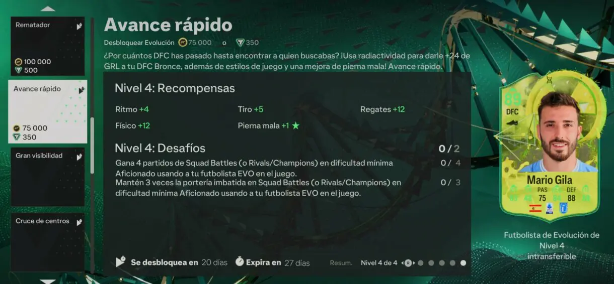 Menú Evoluciones mostrando la información del nivel 4 de Avance rápido EA Sports FC 24 Ultimate Team