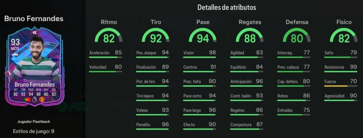 Stats in game Bruno Fernandes Flashback EA Sports FC 24 Ultimate Team